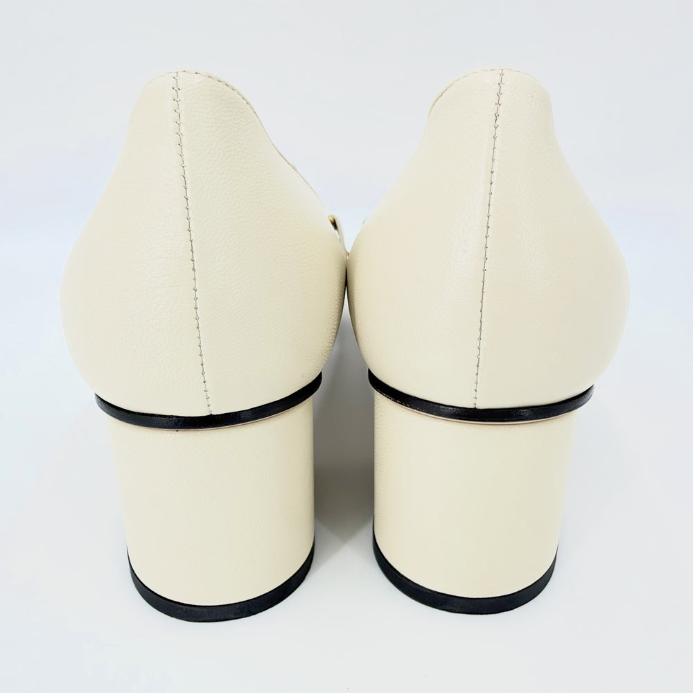 GUCCI グッチ パンプス シルヴィ ウェブライン チャンキーヒール 38.5サイズ 約25.5cm 537539 レザー ホワイト 白 レディース【中古品】