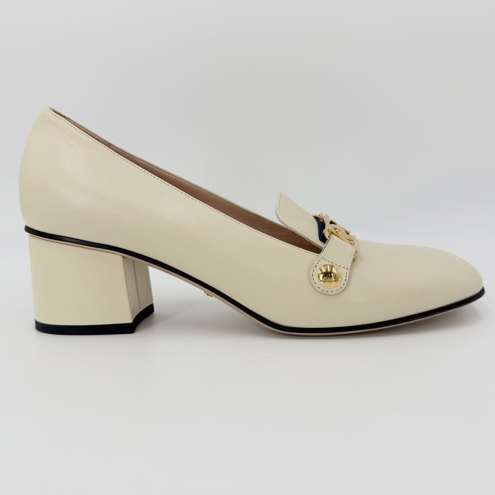 GUCCI グッチ パンプス シルヴィ ウェブライン チャンキーヒール 38.5サイズ 約25.5cm 537539 レザー ホワイト 白 レディース【中古品】