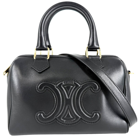 CELINE セリーヌ 2WAY トリオンフ スモール ボストン ハンドバッグ ショルダーバッグ カーフ ブラック 黒 ゴールド金具 レディース【中古品】