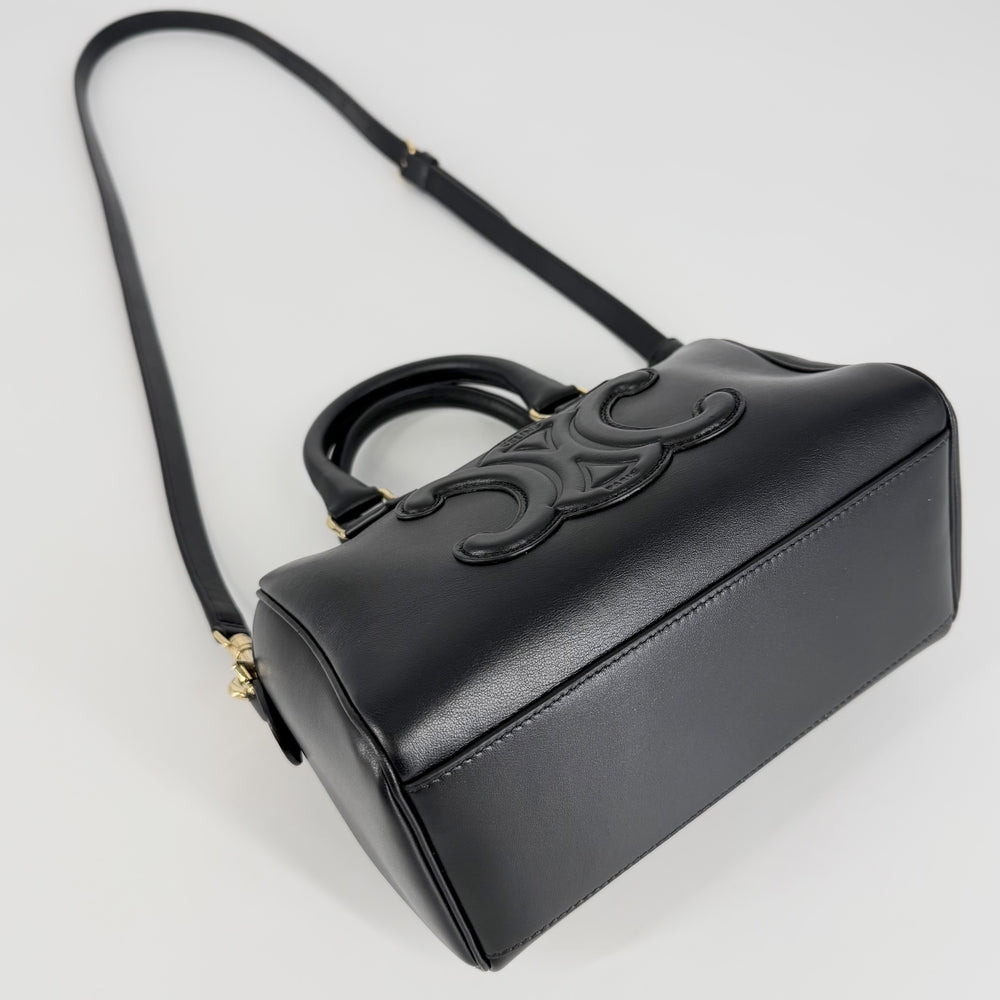 CELINE セリーヌ 2WAY トリオンフ スモール ボストン ハンドバッグ ショルダーバッグ カーフ ブラック 黒 ゴールド金具 レディース【中古品】