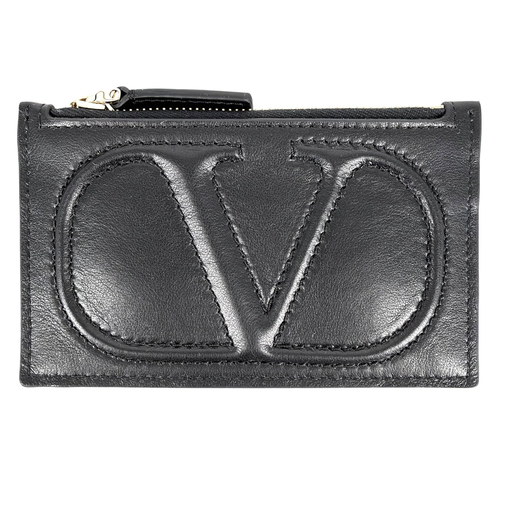 Valentino Garavani ヴァレンティノ・ガラヴァーニ カードケース ロゴ コインケース カードケース レザー ブラック 黒 ゴールド金具 レディース【中古品】