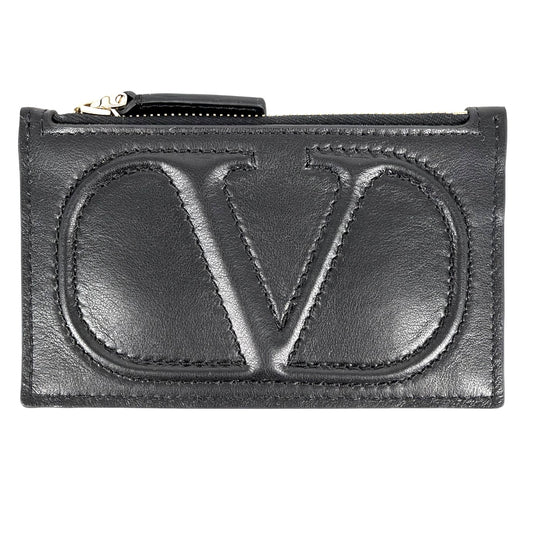 Valentino Garavani ヴァレンティノ・ガラヴァーニ カードケース ロゴ コインケース カードケース レザー ブラック 黒 ゴールド金具 レディース【中古品】