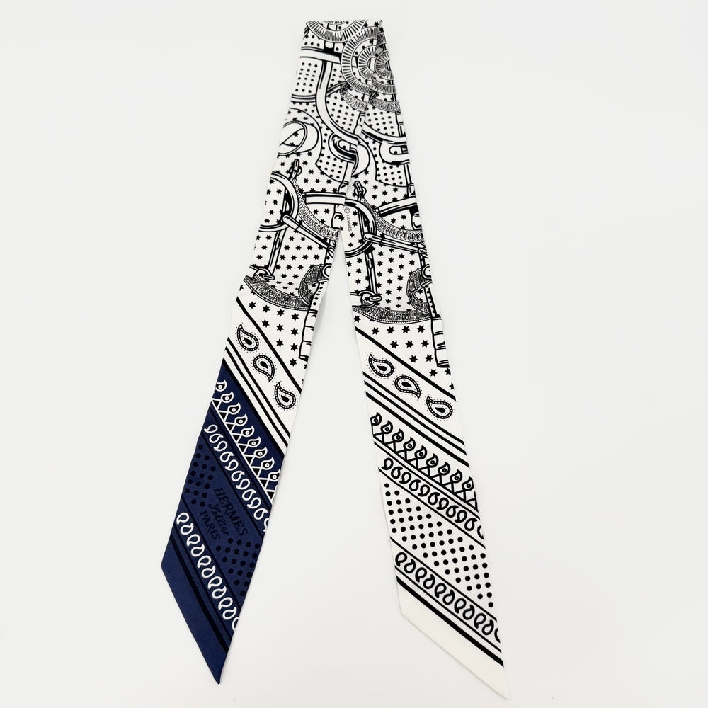 HERMES エルメス スカーフ ツイリー EPERON D'OR エプロンドール Twilly シルク ホワイト 白 ブラック 黒 レディース【中古品】