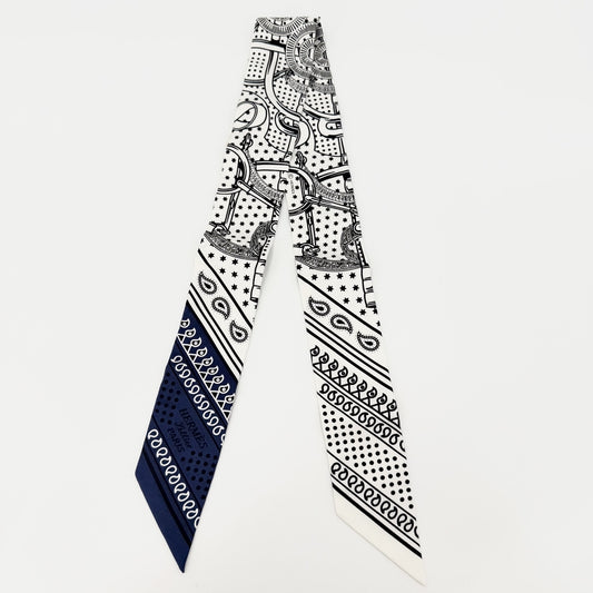 HERMES エルメス スカーフ ツイリー EPERON D'OR エプロンドール Twilly シルク ホワイト 白 ブラック 黒 レディース【中古品】