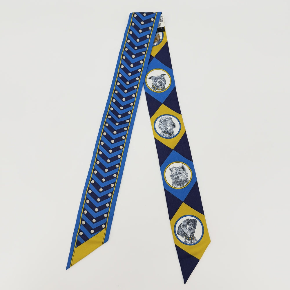 HERMES エルメス スカーフ ツイリー COLLIERS ET CHIENS コリエ エ シアン Twilly シルク ブルー 青 イエロー レディース【中古品】