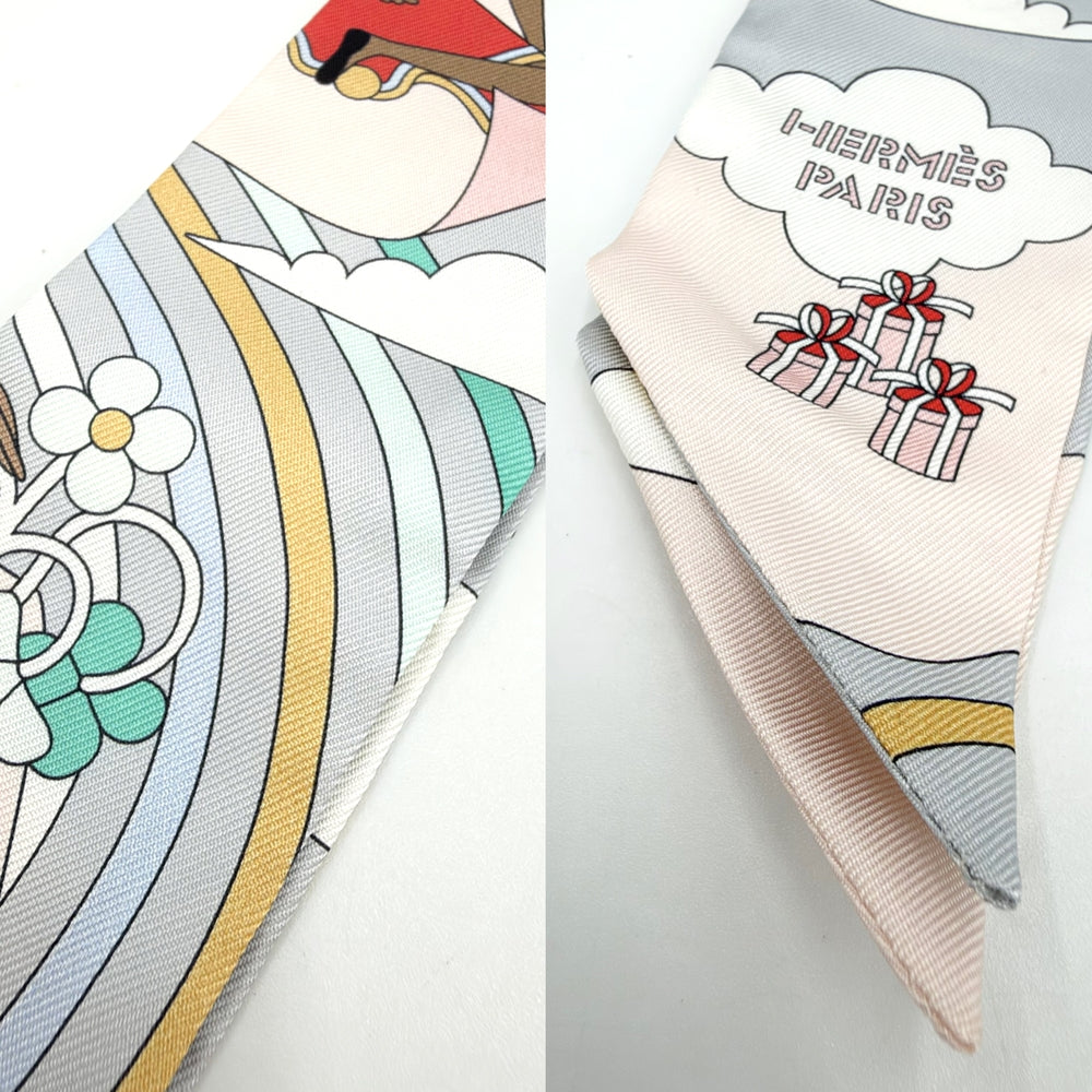 HERMES エルメス スカーフ ツイリー CARRES VOLANTS 空飛ぶカレ Twilly ピンク系 シルク パステルカラー レディース【中古品】