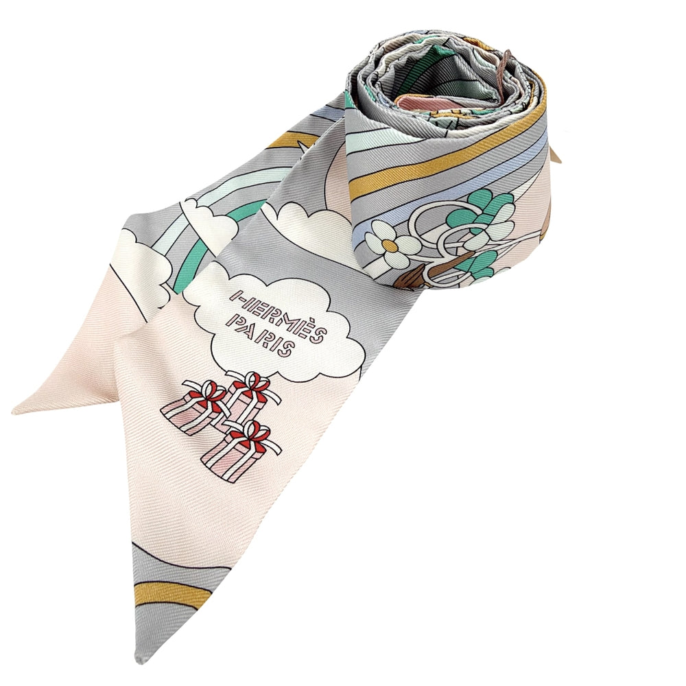 HERMES エルメス スカーフ ツイリー CARRES VOLANTS 空飛ぶカレ Twilly ピンク系 シルク パステルカラー レディース【中古品】