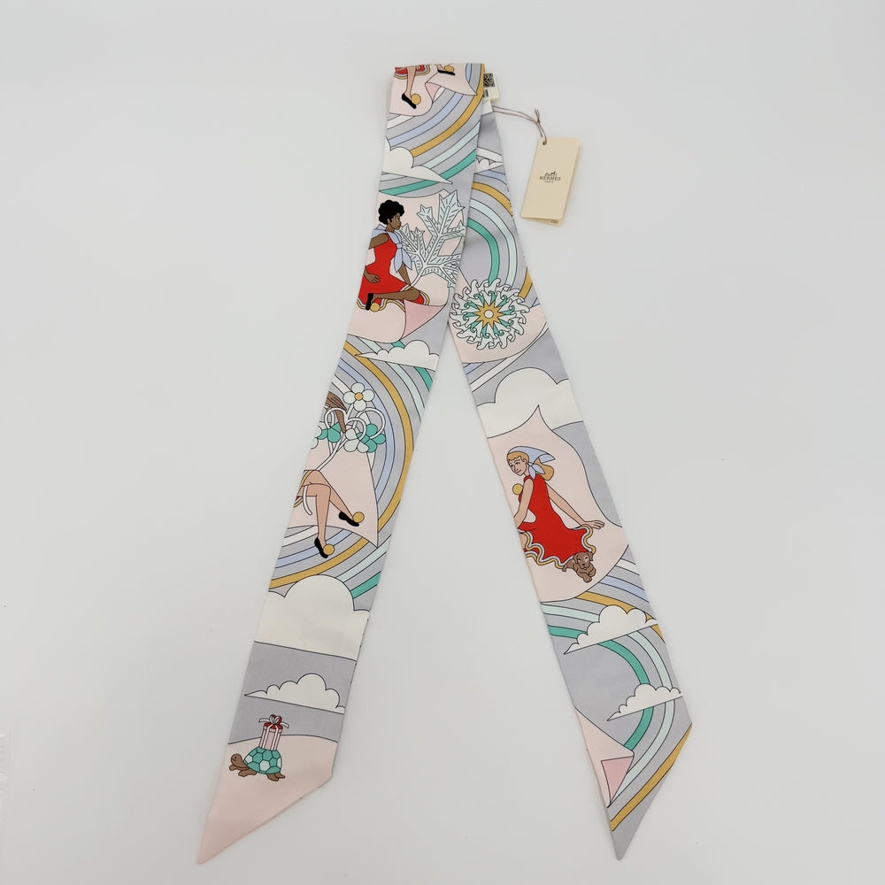 HERMES エルメス スカーフ ツイリー CARRES VOLANTS 空飛ぶカレ Twilly ピンク系 シルク パステルカラー レディース【中古品】