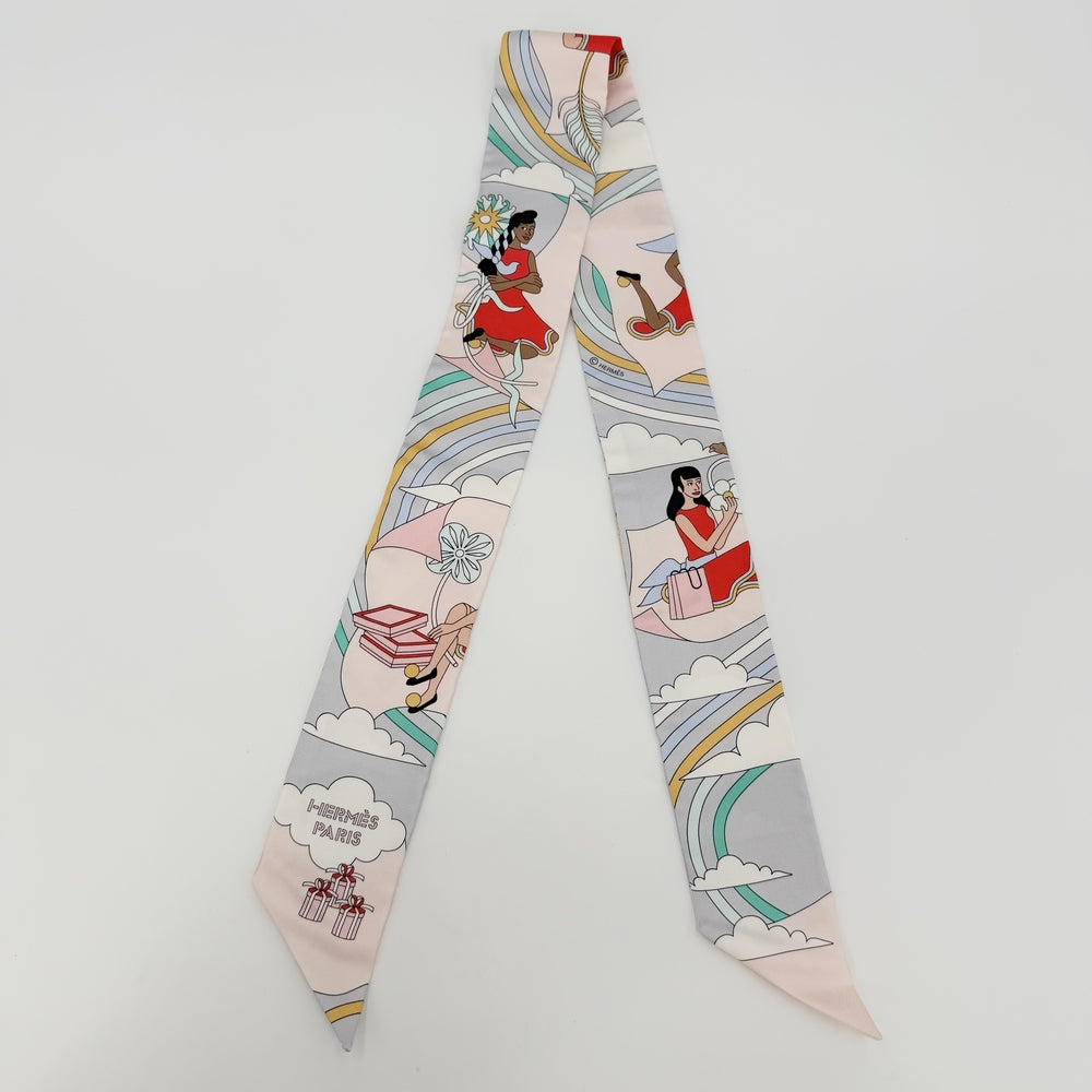 HERMES エルメス スカーフ ツイリー CARRES VOLANTS 空飛ぶカレ Twilly ピンク系 シルク パステルカラー レディース【中古品】
