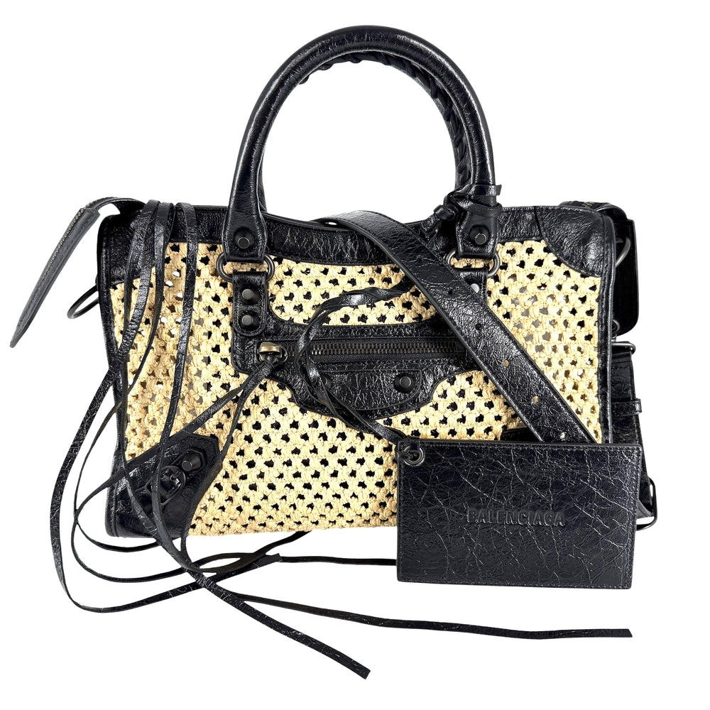 BALENCIAGA バレンシアガ 2WAY ル シティ スモール ハンドバッグ ショルダーバッグ 865762 ラフィア レザー ベージュ ブラック 黒 ブラック×ゴールド金具 レディース【中古品】