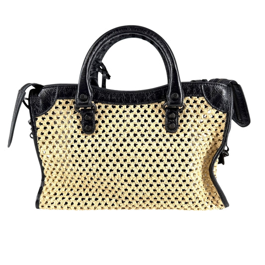BALENCIAGA バレンシアガ 2WAY ル シティ スモール ハンドバッグ ショルダーバッグ 865762 ラフィア レザー ベージュ ブラック 黒 ブラック×ゴールド金具 レディース【中古品】