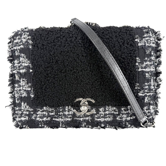 CHANEL シャネル ショルダーバッグ ボア ココマーク ツイード レザー ブラック 黒 アンティークシルバー金具 レディース【中古品】
