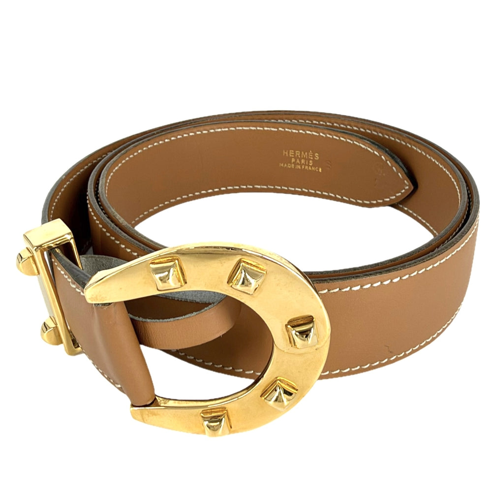 HERMES エルメス ベルト ホースシュー 馬蹄 ファッションアイテム 85サイズ 小物 〇W レザー ブラウン 茶 ゴールド金具 レディース 1993年【中古品】