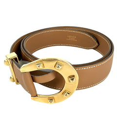 HERMES エルメス ベルト ホースシュー 馬蹄 ファッションアイテム 85サイズ 小物 〇W レザー ブラウン 茶 ゴールド金具 レディース 1993年【中古品】
