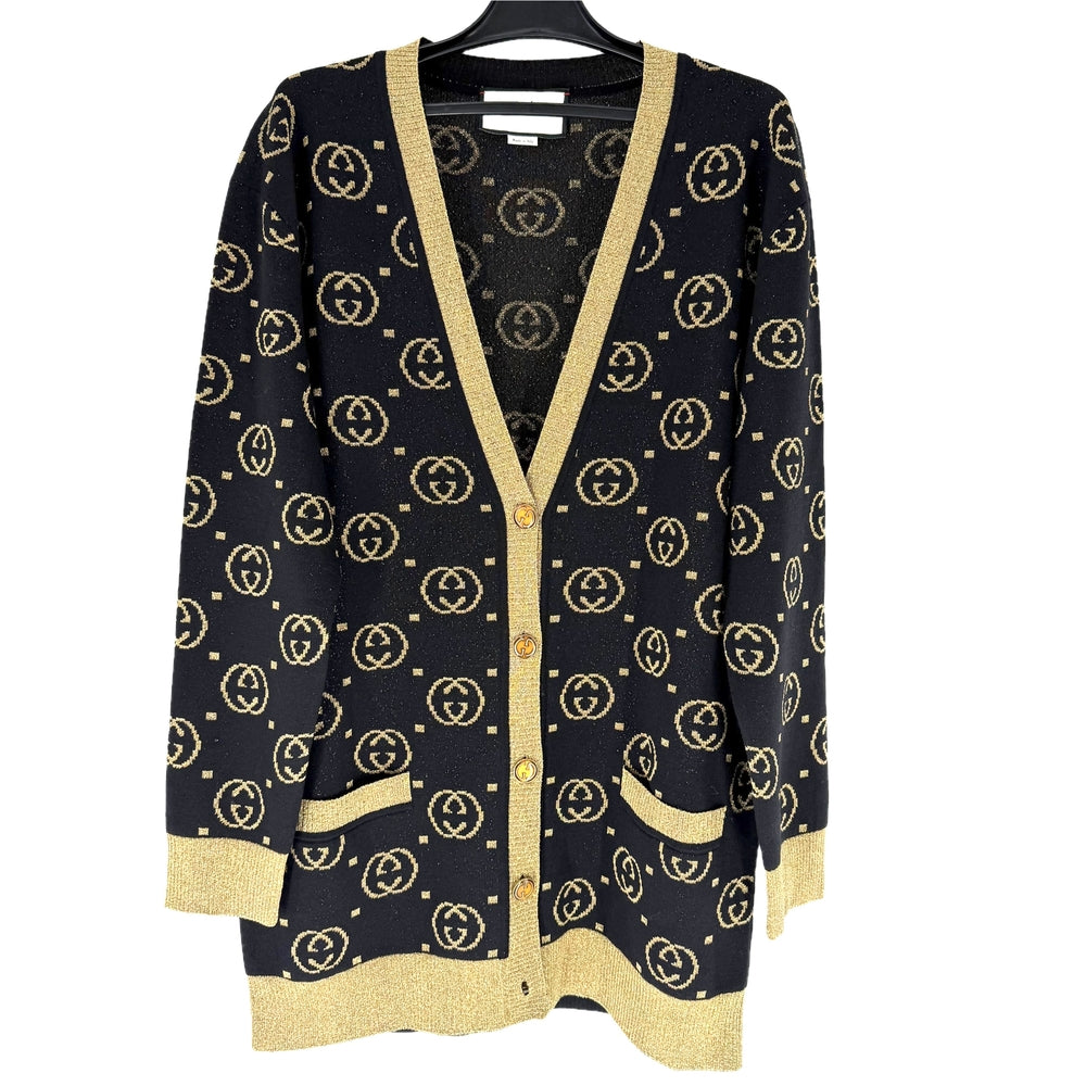GUCCI グッチ カーディガン GG ラメ インターロッキング 服 アパレル S 555014 ブラック 黒 ゴールド 春 秋 ウール 金属繊維 ナイロン レディース【中古品】