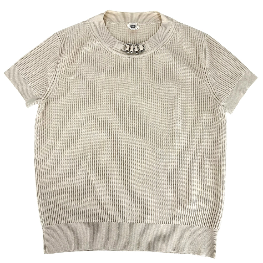 HERMES エルメス ニット 半袖 チェーン アパレル トップス 服 42 ベージュ シルバー金具 春 夏 秋 レーヨン シルク ポリアミド ポリウレタン レディース【中古品】