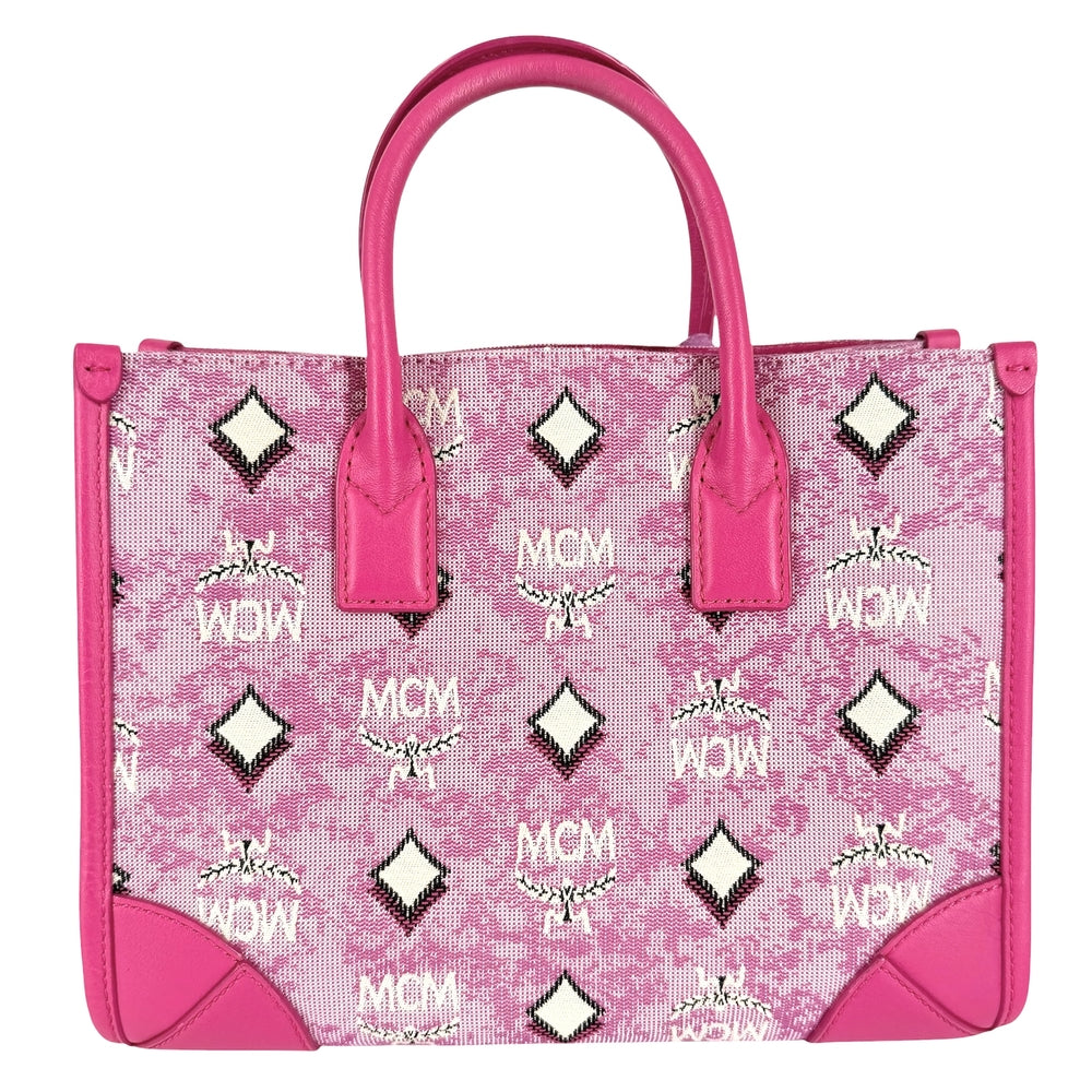 MCM エム・シー・エム 2WAY ミュンヘン ジャガード トートバッグ ハンドバッグ ショルダーバッグ スカーフ付き キャンバス レザー ピンク シルバー金具 レディース【中古品】