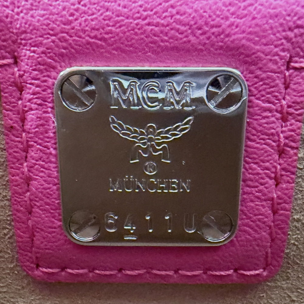MCM エム・シー・エム 2WAY ミュンヘン ジャガード トートバッグ ハンドバッグ ショルダーバッグ スカーフ付き キャンバス レザー ピンク シルバー金具 レディース【中古品】
