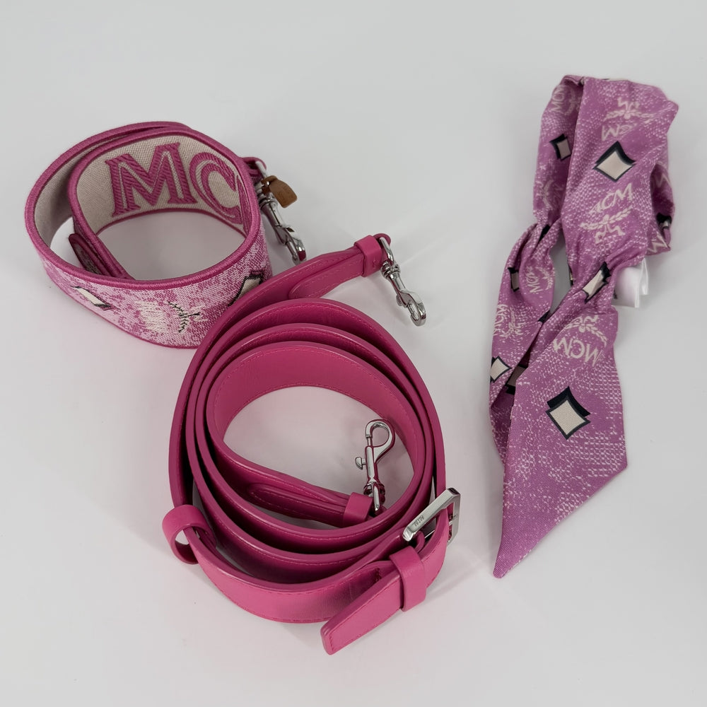 MCM エム・シー・エム 2WAY ミュンヘン ジャガード トートバッグ ハンドバッグ ショルダーバッグ スカーフ付き キャンバス レザー ピンク シルバー金具 レディース【中古品】