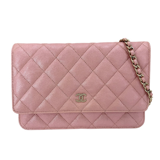 CHANEL シャネル チェーンウォレット メタリック マトラッセ ショルダーバッグ ココマーク 財布 キャビアスキン ピンク ゴールド金具 レディース【中古品】