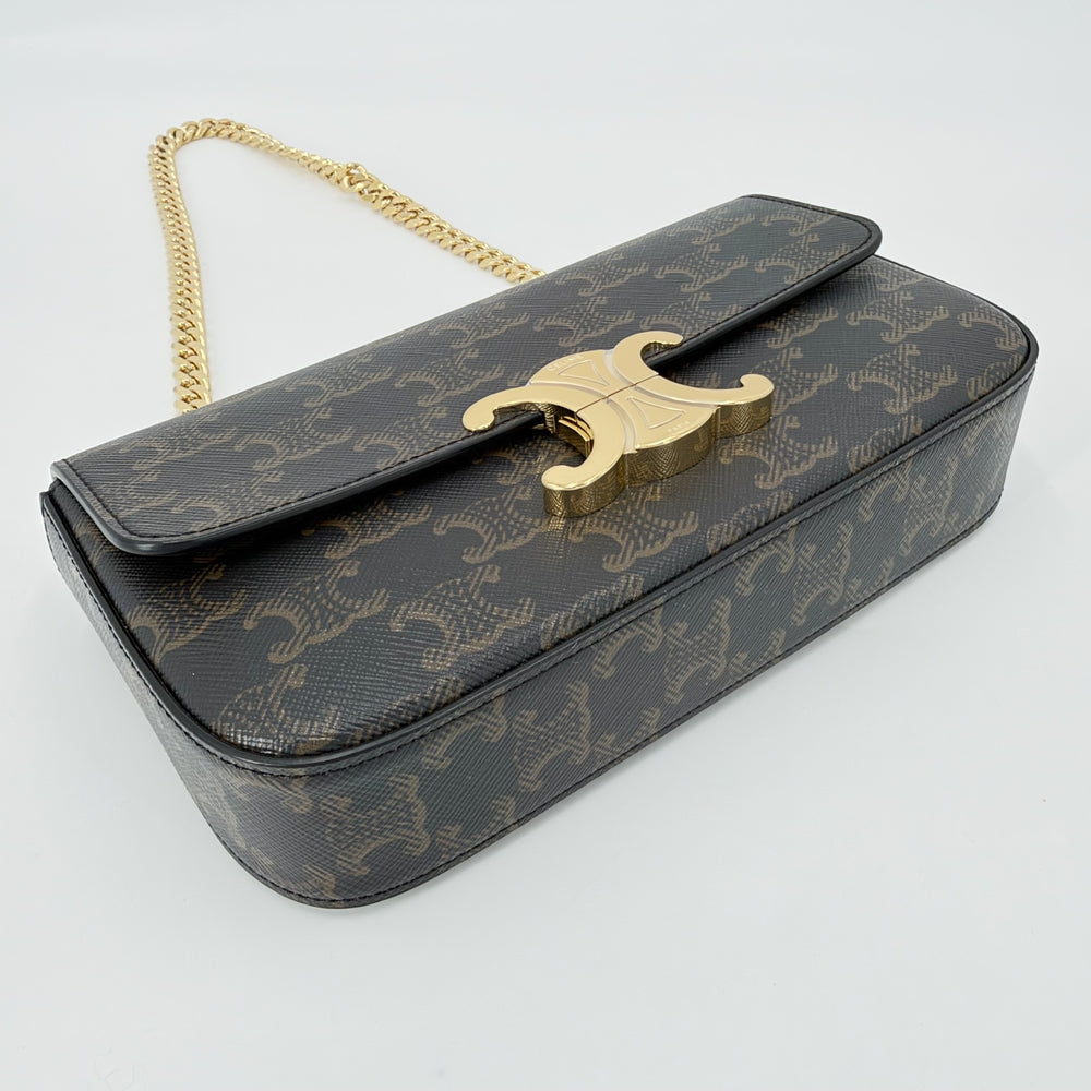 CELINE セリーヌ ショルダーバッグ トリオンフ チェーン ミニバッグ PVCコーティングキャンバス レザー ブラウン 茶 ゴールド金具 レディース【中古品】