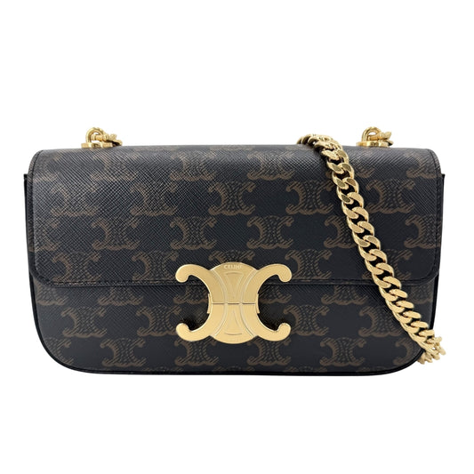 CELINE セリーヌ ショルダーバッグ トリオンフ チェーン ミニバッグ PVCコーティングキャンバス レザー ブラウン 茶 ゴールド金具 レディース【中古品】