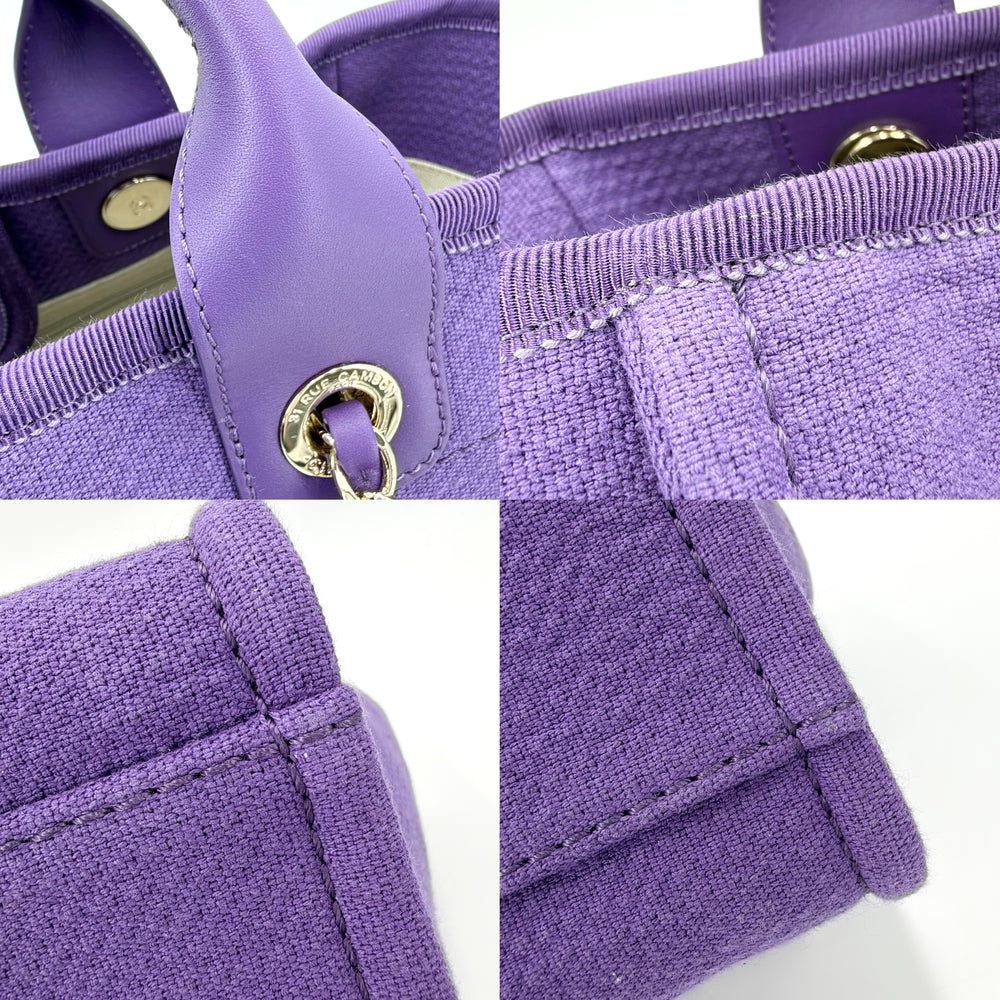 CHANEL シャネル ハンドバッグ ドーヴィルMM チェーントートバッグ ココマーク コットンキャンバス レザー パープル 紫
 ゴールド金具 レディース【中古品】