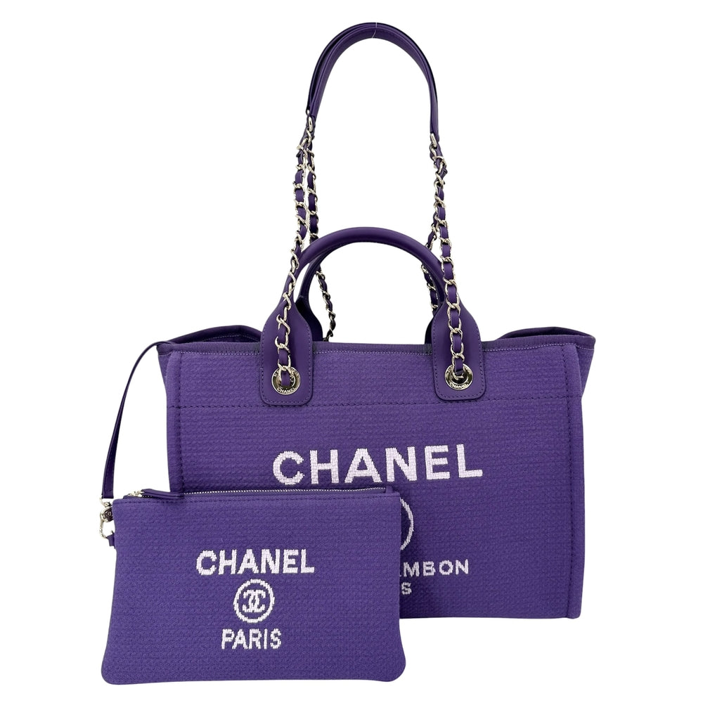 CHANEL シャネル ハンドバッグ ドーヴィルMM チェーントートバッグ ココマーク コットンキャンバス レザー パープル 紫
 ゴールド金具 レディース【中古品】