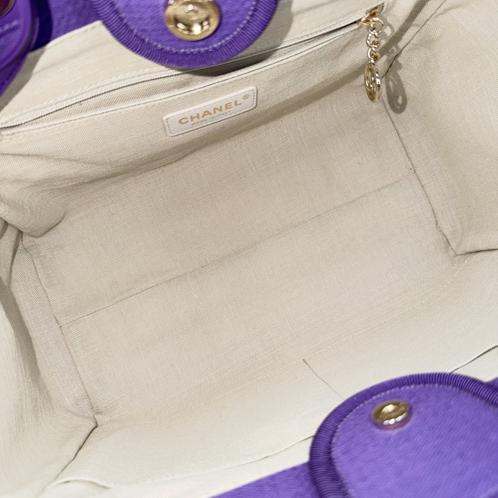 CHANEL シャネル ハンドバッグ ドーヴィルMM チェーントートバッグ ココマーク コットンキャンバス レザー パープル 紫
 ゴールド金具 レディース【中古品】