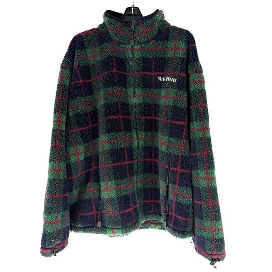 MIUMIU ミュウミュウ ブルゾン チェック フリース テディジッパージャケット アウター 服 S MJL042 グリーン 緑 ネイビー 紺 秋 冬 ポリエステル ウール レディース【中古品】