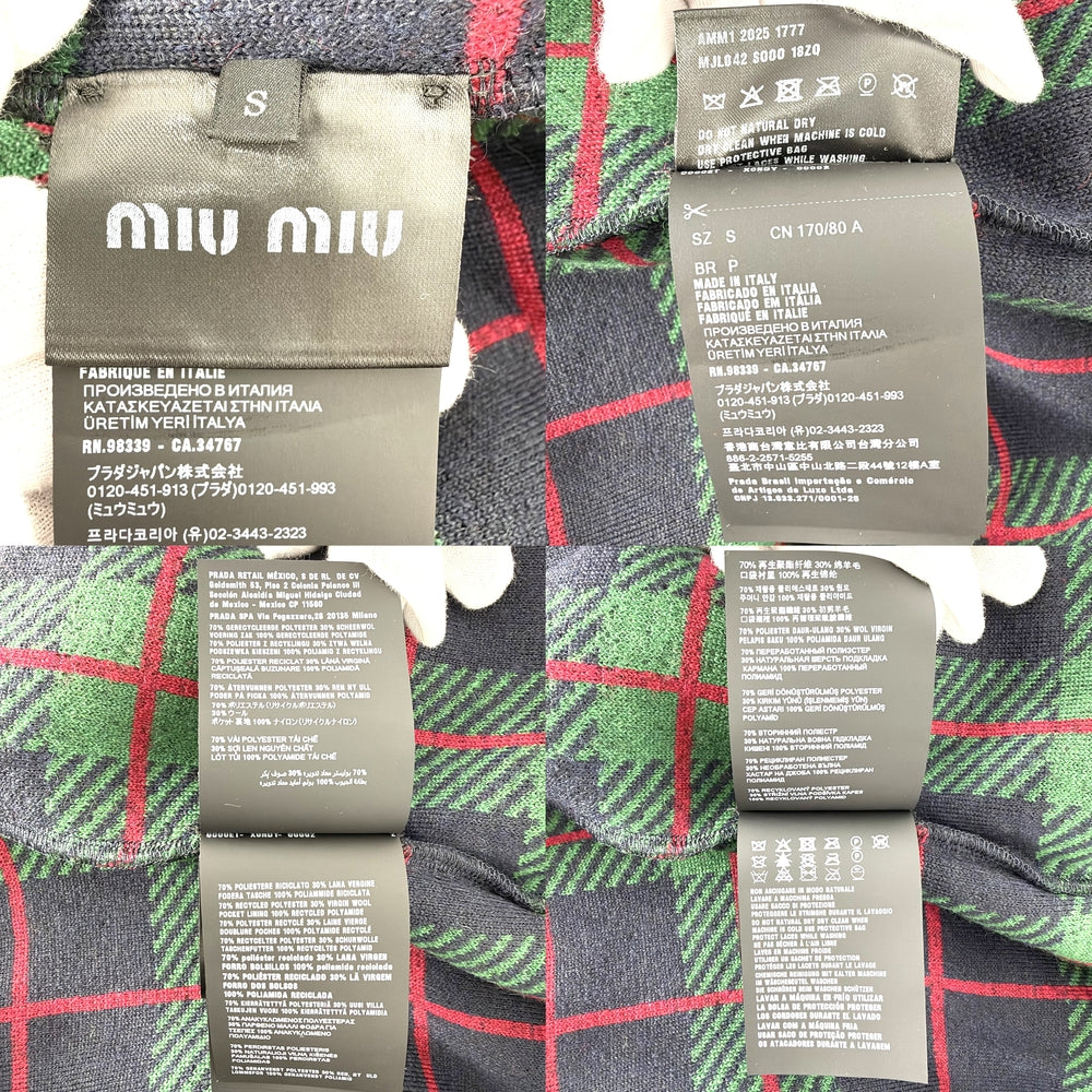MIUMIU ミュウミュウ ブルゾン チェック フリース テディジッパージャケット アウター 服 S MJL042 グリーン 緑 ネイビー 紺 秋 冬 ポリエステル ウール レディース【中古品】