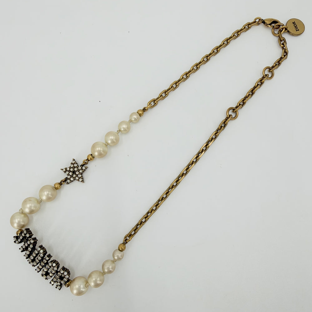 Dior ディオール ネックレス ロゴ アクセサリー メタル フェイクパール ゴールド レディース 約16.4g【中古品】