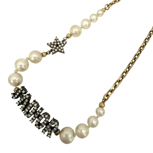 Dior ディオール ネックレス ロゴ アクセサリー メタル フェイクパール ゴールド レディース 約16.4g【中古品】