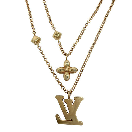 LOUIS VUITTON ルイヴィトン ネックレス レディLV アクセサリー 2連チェーン メタル ラインストーン M01845 ゴールド レディース 約12.5g【中古品】