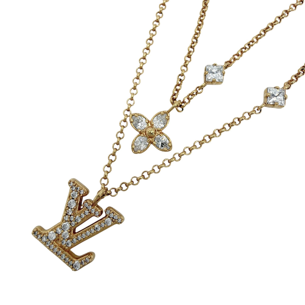 LOUIS VUITTON ルイヴィトン ネックレス レディLV アクセサリー 2連チェーン メタル ラインストーン M01845 ゴールド レディース 約12.5g【中古品】