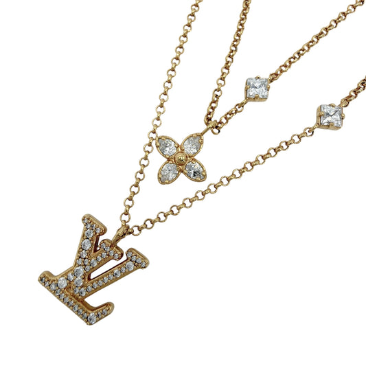LOUIS VUITTON ルイヴィトン ネックレス レディLV アクセサリー 2連チェーン メタル ラインストーン M01845 ゴールド レディース 約12.5g【中古品】