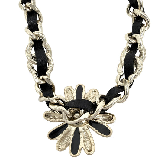 CHANEL シャネル ネックレス ココマーク フラワーモチーフ ストラス アクセサリー GP レザー ラインストーン AB9664 A22K シルバー レディース 約42.6g 2022年【中古品】