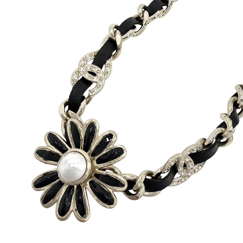 CHANEL シャネル ネックレス ココマーク フラワーモチーフ ストラス アクセサリー GP レザー ラインストーン AB9664 A22K シルバー レディース 約42.6g 2022年【中古品】