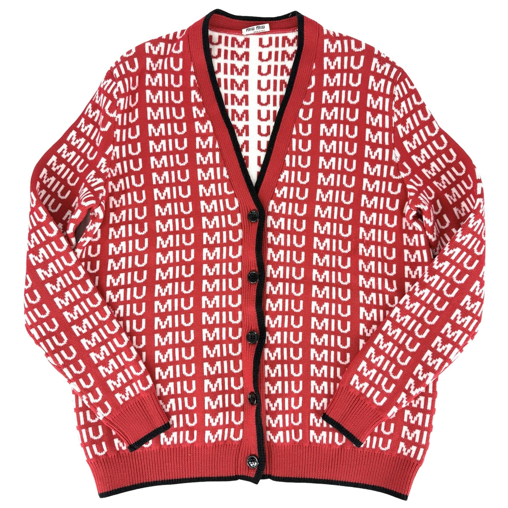 MIUMIU ミュウミュウ カーディガン 総柄 ロゴ Vネック アパレル 服 36 MMF198 1V8X レッド 赤 ホワイト 白 春 秋 ウール レディース【中古品】