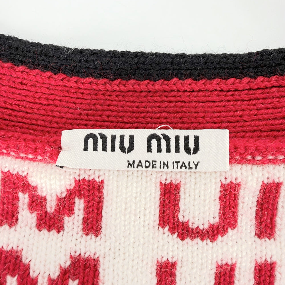 MIUMIU ミュウミュウ カーディガン 総柄 ロゴ Vネック アパレル 服 36 MMF198 1V8X レッド 赤 ホワイト 白 春 秋 ウール レディース【中古品】