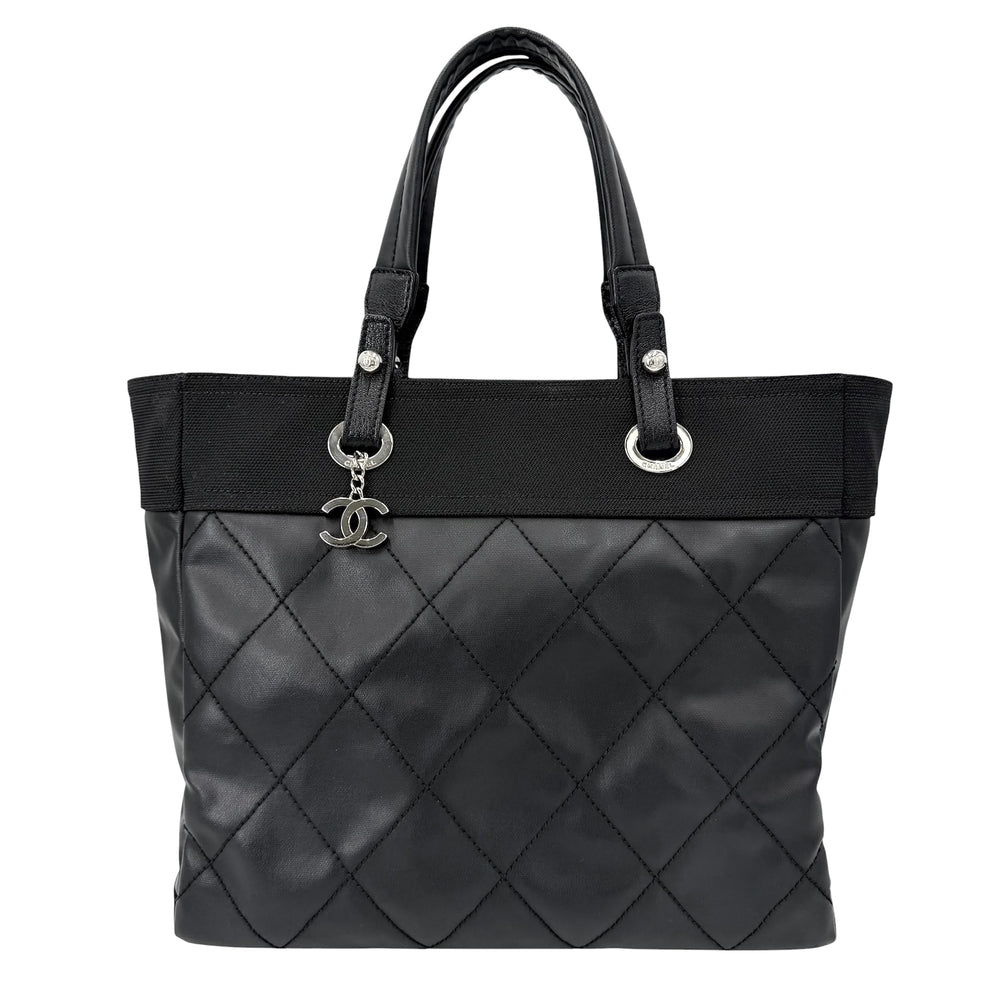 CHANEL シャネル トートバッグ パリビアリッツMM ハンドバッグ ココマーク PVCコーティングキャンバス レザー ブラック 黒 シルバー金具 レディース【中古品】