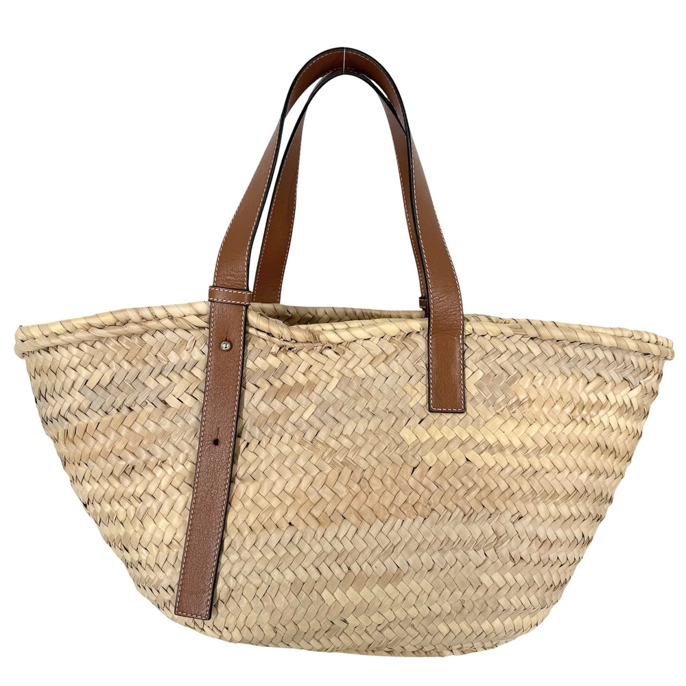 LOEWE ロエベ トートバッグ アナグラム バスケットバッグミディアム かごバッグ ハンドバッグ 春 夏 ラフィア レザー ベージュ ブラウン 茶 シルバー金具 レディース【中古品】