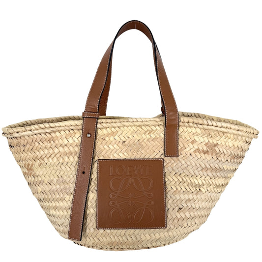 LOEWE ロエベ トートバッグ アナグラム バスケットバッグミディアム かごバッグ ハンドバッグ 春 夏 ラフィア レザー ベージュ ブラウン 茶 シルバー金具 レディース【中古品】