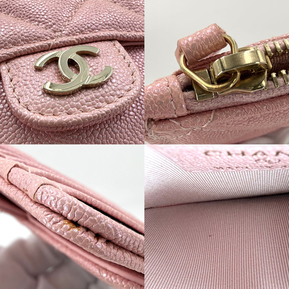 CHANEL シャネル カードケース マトラッセ ココマーク キャビアスキン ピンク ゴールド金具 レディース【中古品】