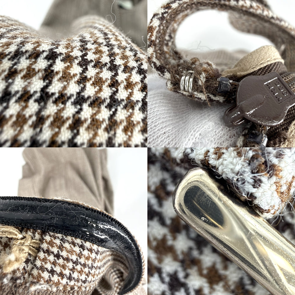 FENDI フェンディ ワンピース サイドペプラム オフショルダー オーロック 千鳥格子 服 ドレスワンピース 36 FDB871 ブラウン 茶 ホワイト 白 ゴールド金具 春 秋 ウール ナイロン ポリウレタン レディース【中古品】