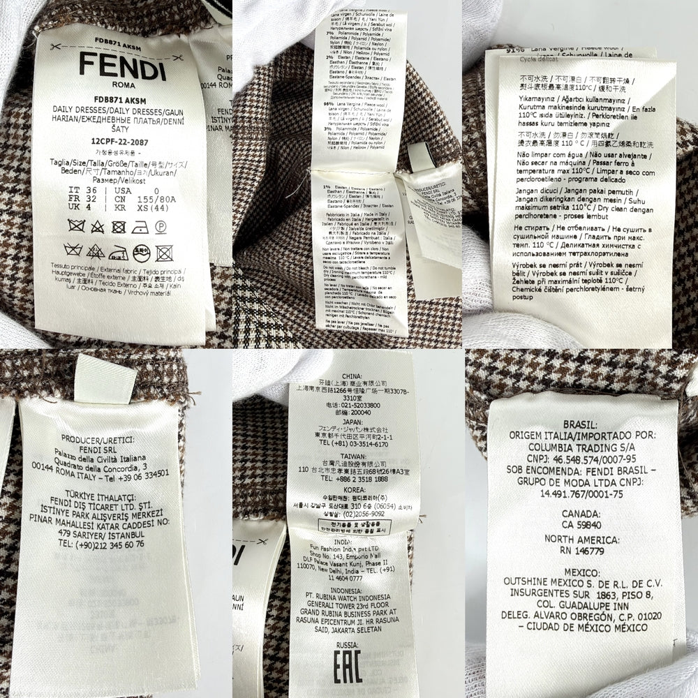 FENDI フェンディ ワンピース サイドペプラム オフショルダー オーロック 千鳥格子 服 ドレスワンピース 36 FDB871 ブラウン 茶 ホワイト 白 ゴールド金具 春 秋 ウール ナイロン ポリウレタン レディース【中古品】