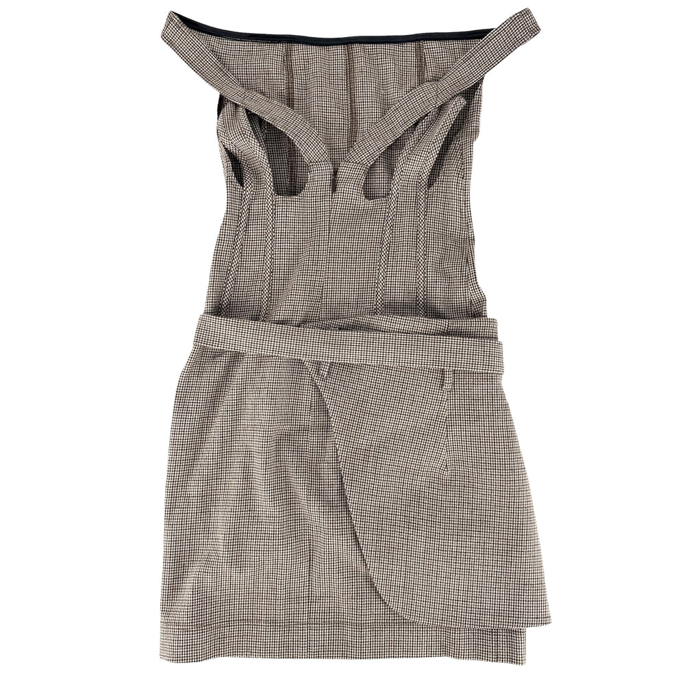 FENDI フェンディ ワンピース サイドペプラム オフショルダー オーロック 千鳥格子 服 ドレスワンピース 36 FDB871 ブラウン 茶 ホワイト 白 ゴールド金具 春 秋 ウール ナイロン ポリウレタン レディース【中古品】
