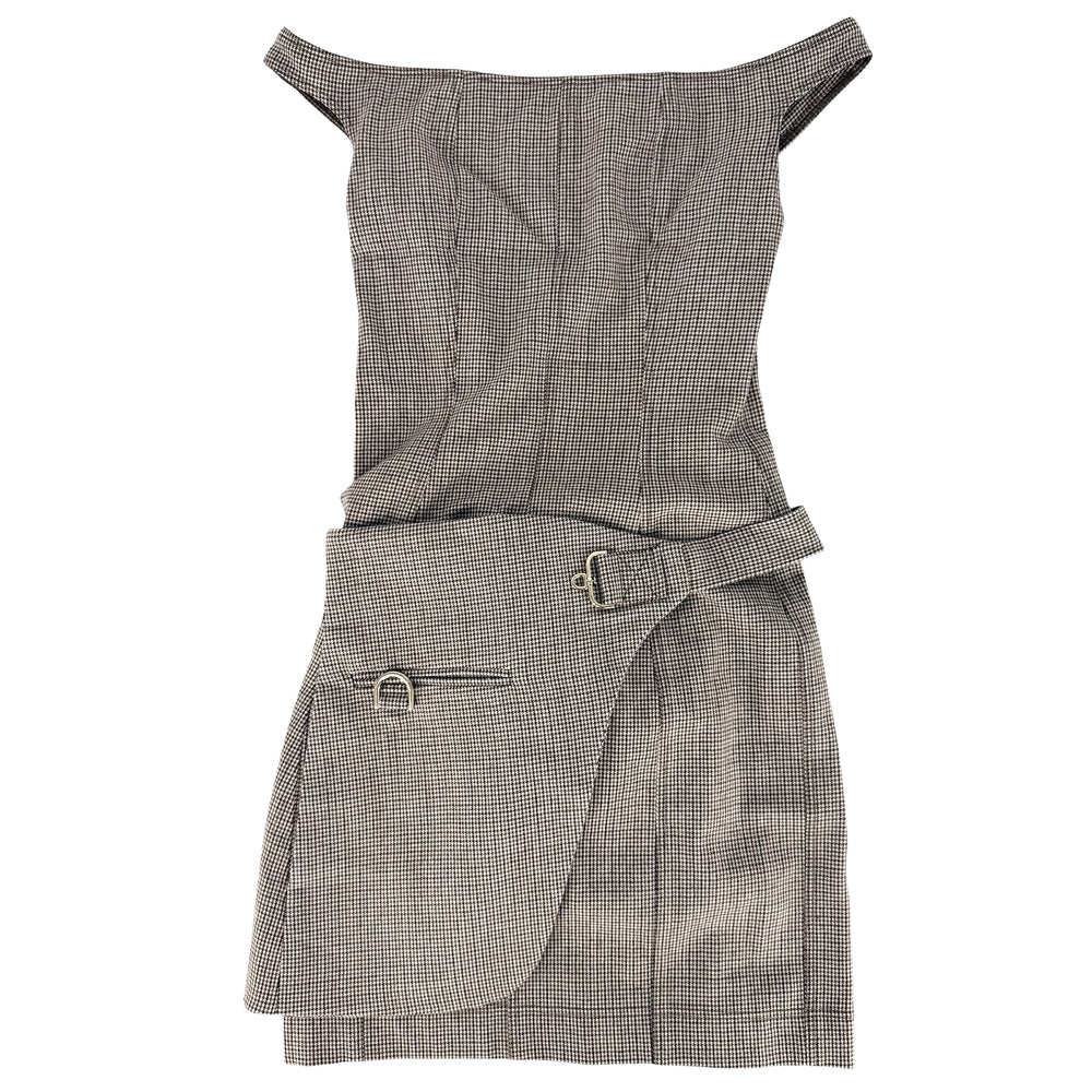 FENDI フェンディ ワンピース サイドペプラム オフショルダー オーロック 千鳥格子 服 ドレスワンピース 36 FDB871 ブラウン 茶 ホワイト 白 ゴールド金具 春 秋 ウール ナイロン ポリウレタン レディース【中古品】