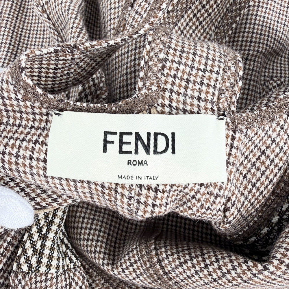FENDI フェンディ ワンピース サイドペプラム オフショルダー オーロック 千鳥格子 服 ドレスワンピース 36 FDB871 ブラウン 茶 ホワイト 白 ゴールド金具 春 秋 ウール ナイロン ポリウレタン レディース【中古品】