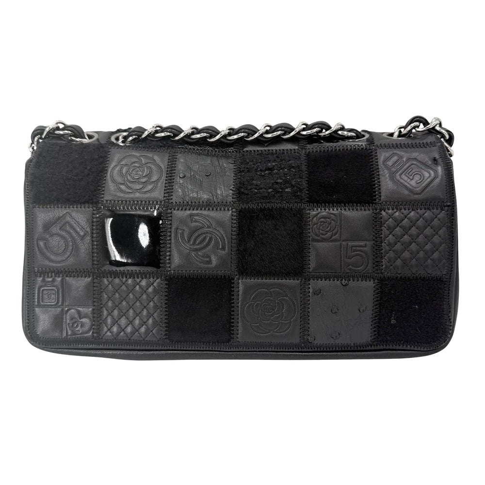 CHANEL シャネル ショルダーバッグ パッチワーク ココマーク チェーンショルダー ダブルチェーン レザー スウェード ブラック 黒 シルバー金具 レディース【中古品】